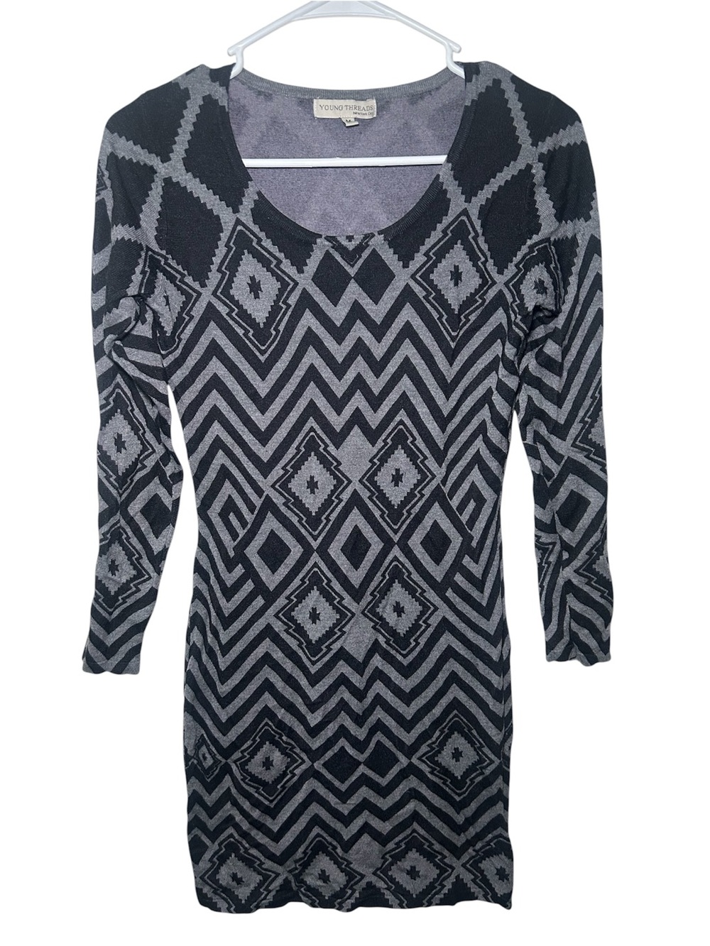 Young Threads Black Gray Geometric Long Sleeve Dress Winter Casual Stretch Comfo